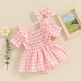 thumbnail image 3 of Okbabeha Newborn Baby Girls Romper Dress Short Sleeve Square Neck Plaid Smocked  one-piece  Bow Headband Infant Summer Clothes 2pcs, 3 of 7