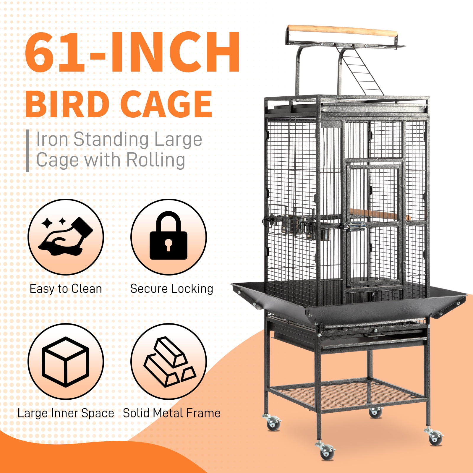 UBesGoo 65" Large Flight Bird Cage with Rolling Stand & Storage Shelf for Parrots Lovebird Cockatiel Parakeets, Black