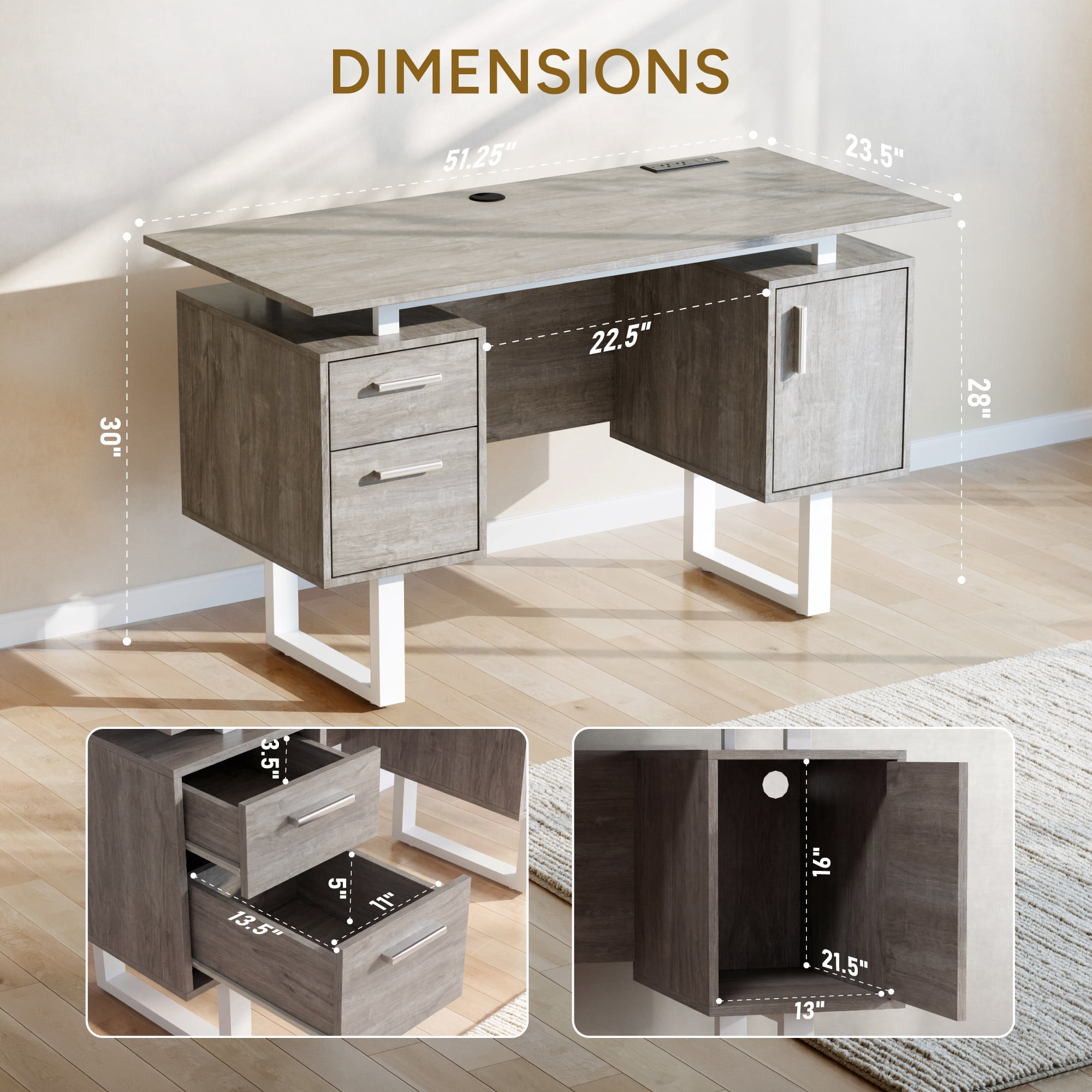 Furnibear Computer Desk with 2 Drawers and Storage Cabinet, Modern Home Office Desk with Built-in Outlets, USB Ports, Gray