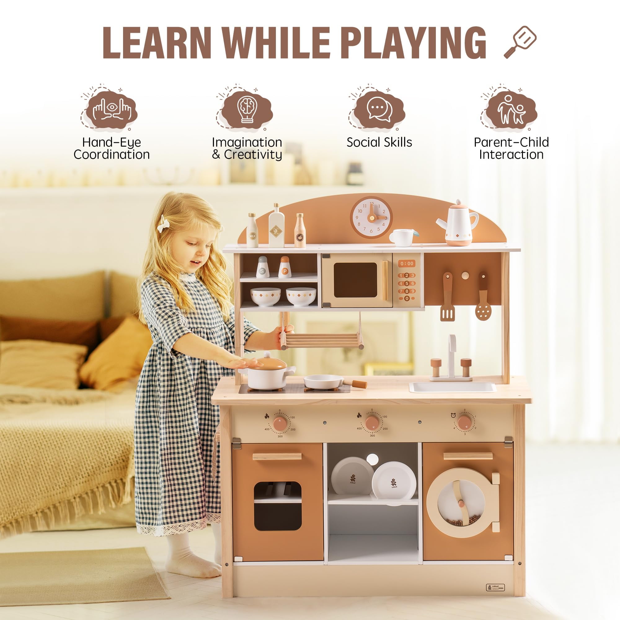 Robud Kids Wooden Kitchen Play Set Pretend Playset Toy with Play Cooker for Kids Boys Girls Age 3+,Caramel