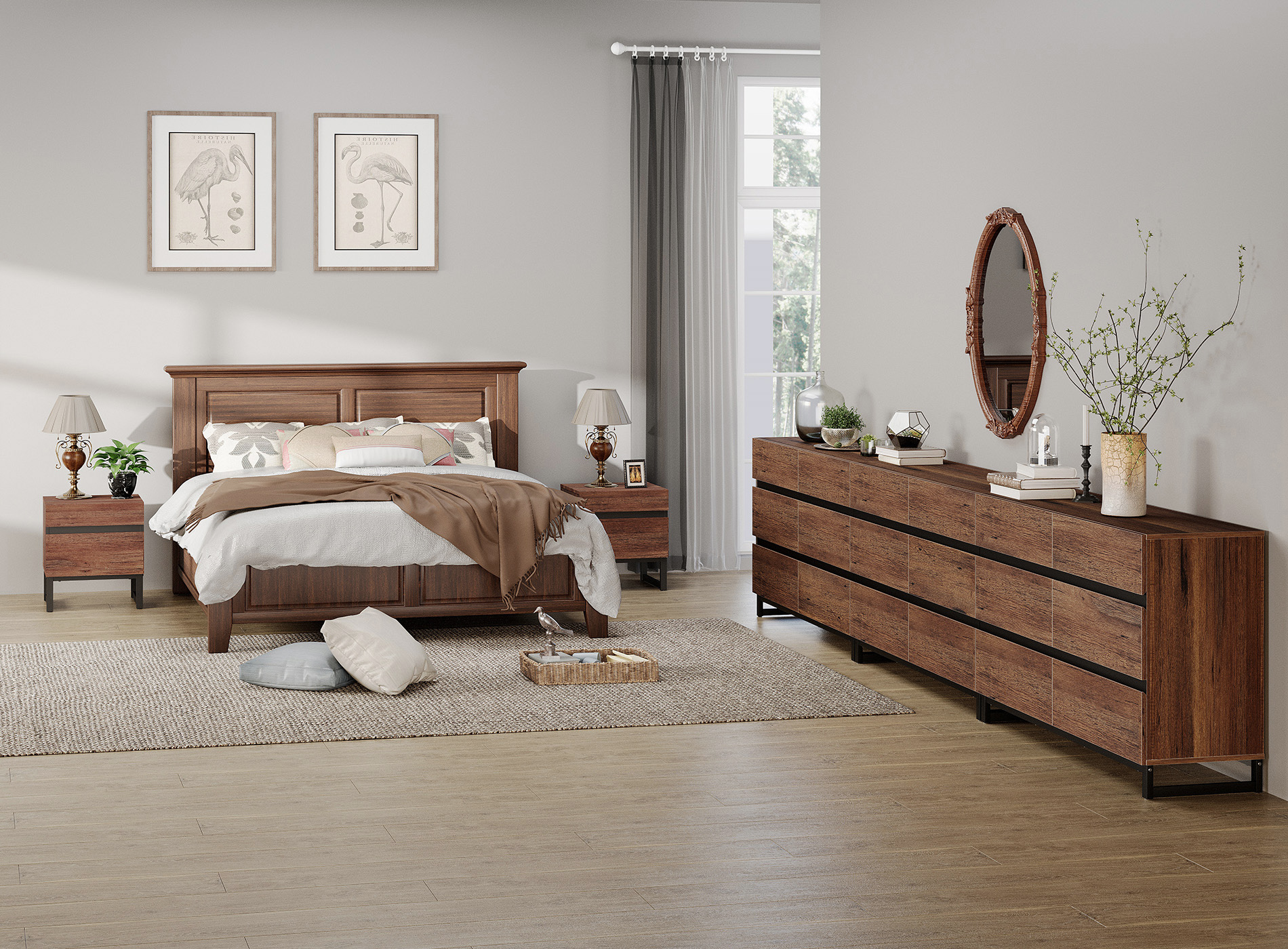 WAMPAT 5-Piece Bedroom Set, Modern 142" 18-Drawer Dresser & 2 Nightstands (2 Drawers Each)