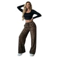 thumbnail image 3 of Wide Leg Pants for Women Leopard Print High Waist Drawstring Trousers Loose Straight Casual Womens Pants Coffee L, 3 of 6