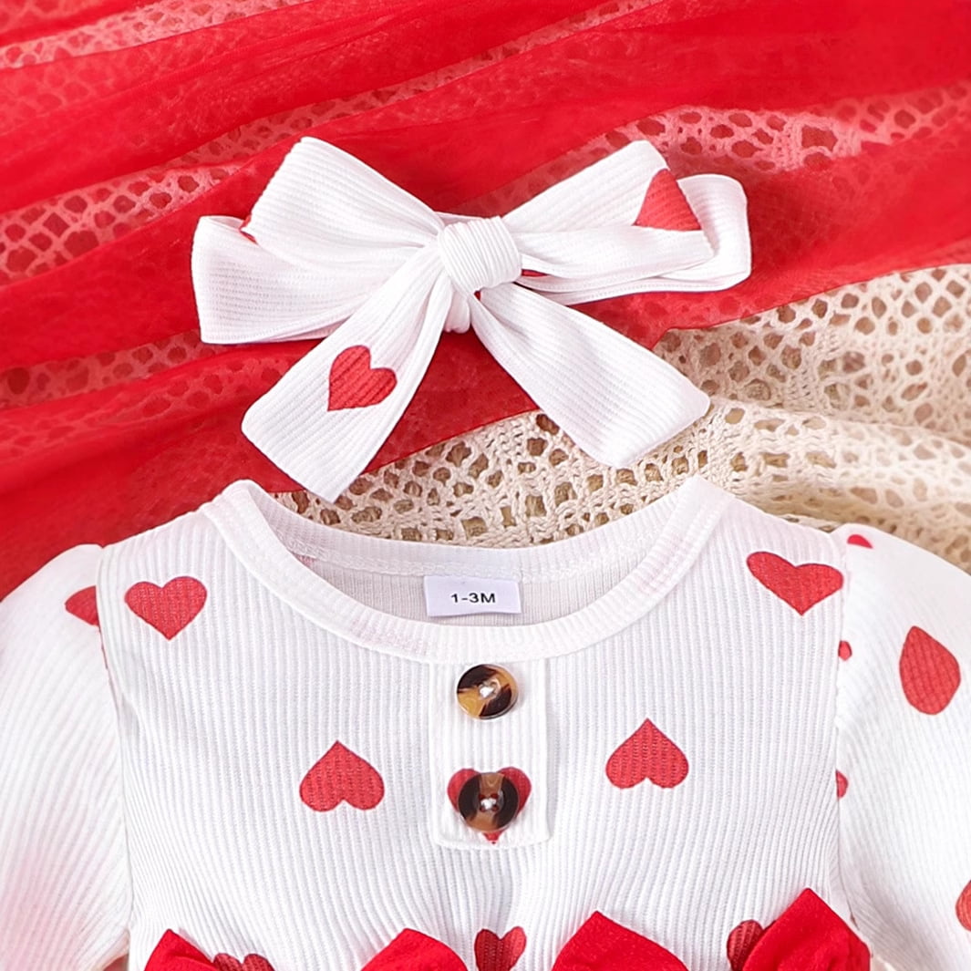 Baby Princess Bodysuit Dresses For Newborns Allover Heart Print Romper Infants Onesies With Socks Headband Baby Girl Clothes