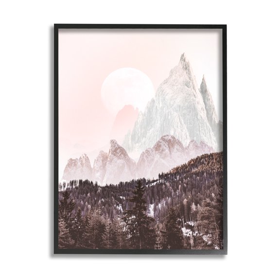 Stupell Industries Mountain Peak Tree Forest Landscape Monochromatic Sun Landscape Photography Black Framed Art Print Wall Art, 11 x 14