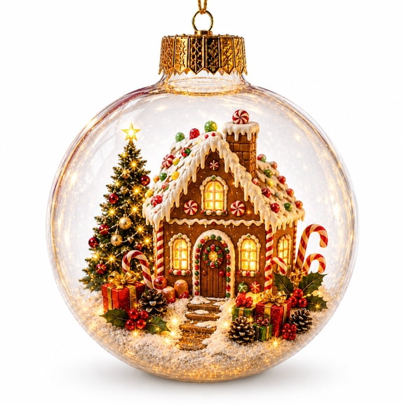 Christmas Tree Ball Hanging Ornament, Light‑up Gingerbread House Scene Clear Sphere Decor, Seasonal Keepsake Decoration for Holiday Display - 3.5''
