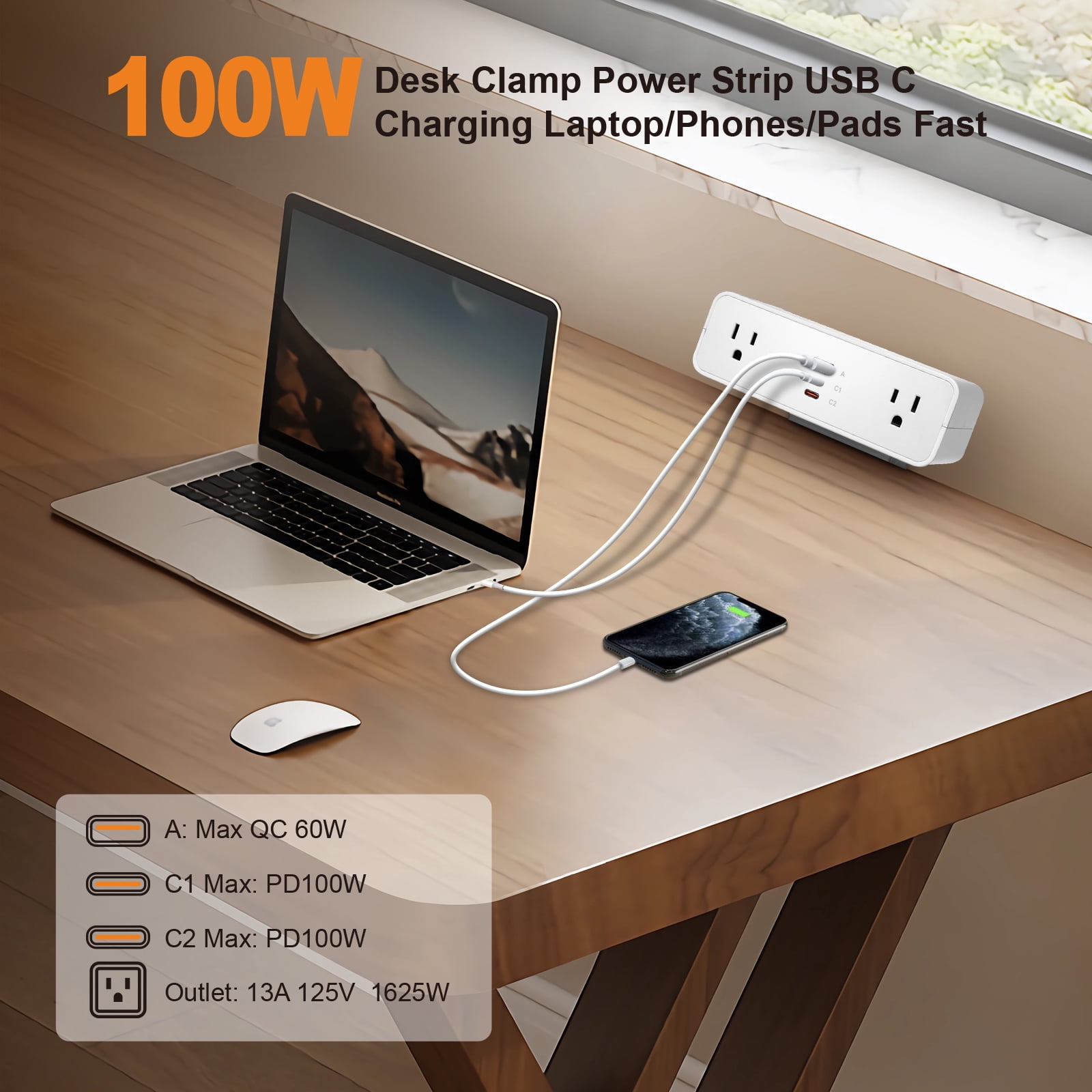 Desk Clamp Power Strip USB C 100W, Desktop Edge Mount Fast Charge Station 3 PD USB Port 2 AC Outlets 6ft Braided Extension Cord Flat Plug Fit Max 3.26’’ Tabletop Edge for Gaming Office Table