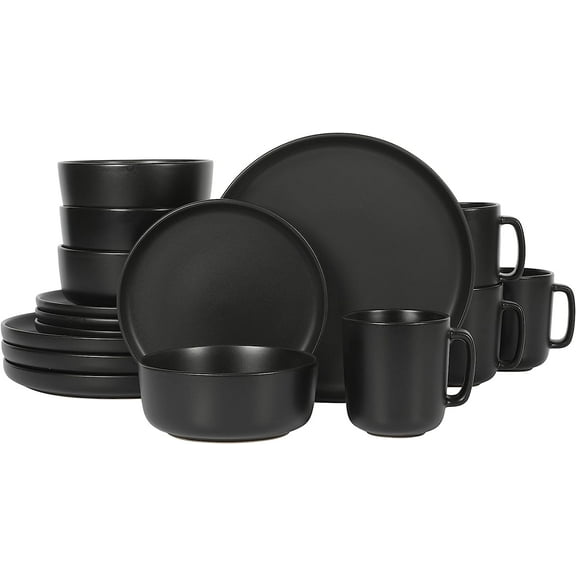 Gibson Home Zuma 16 Piece Stoneware Plates, Bowls, & Mugs  Dinnerware Set - Matte Black