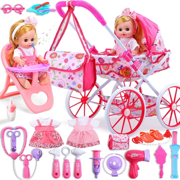 WonderStone Baby Doll Set with Doll Stroller & Kids Doctor Play Set, Baby Doll with Accessories, High Chair, Stethoscope, and 2 Sets of Doll Clothes, Baby Stroller Toys for Girls Toddlers 3–5.