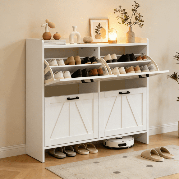 Jopath Shoe Cabinet with 4 Flip Drawers, Sleek Space-Saving Rustic Barn-Door for Entryway Living Room White