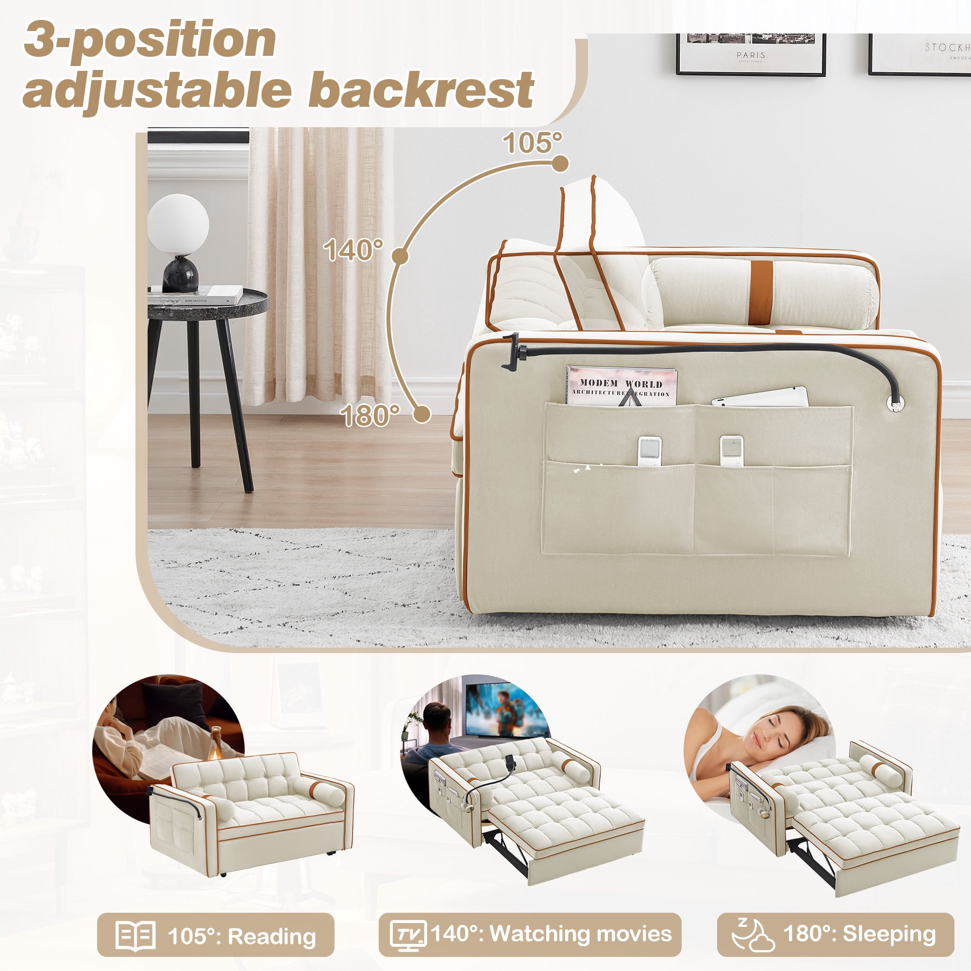 Lunale Convertible Pull Out Sofa Bed with Phone Stand, Tufted Loveseat Sleeper Sofa Bed for Living Room, Beige Velvet