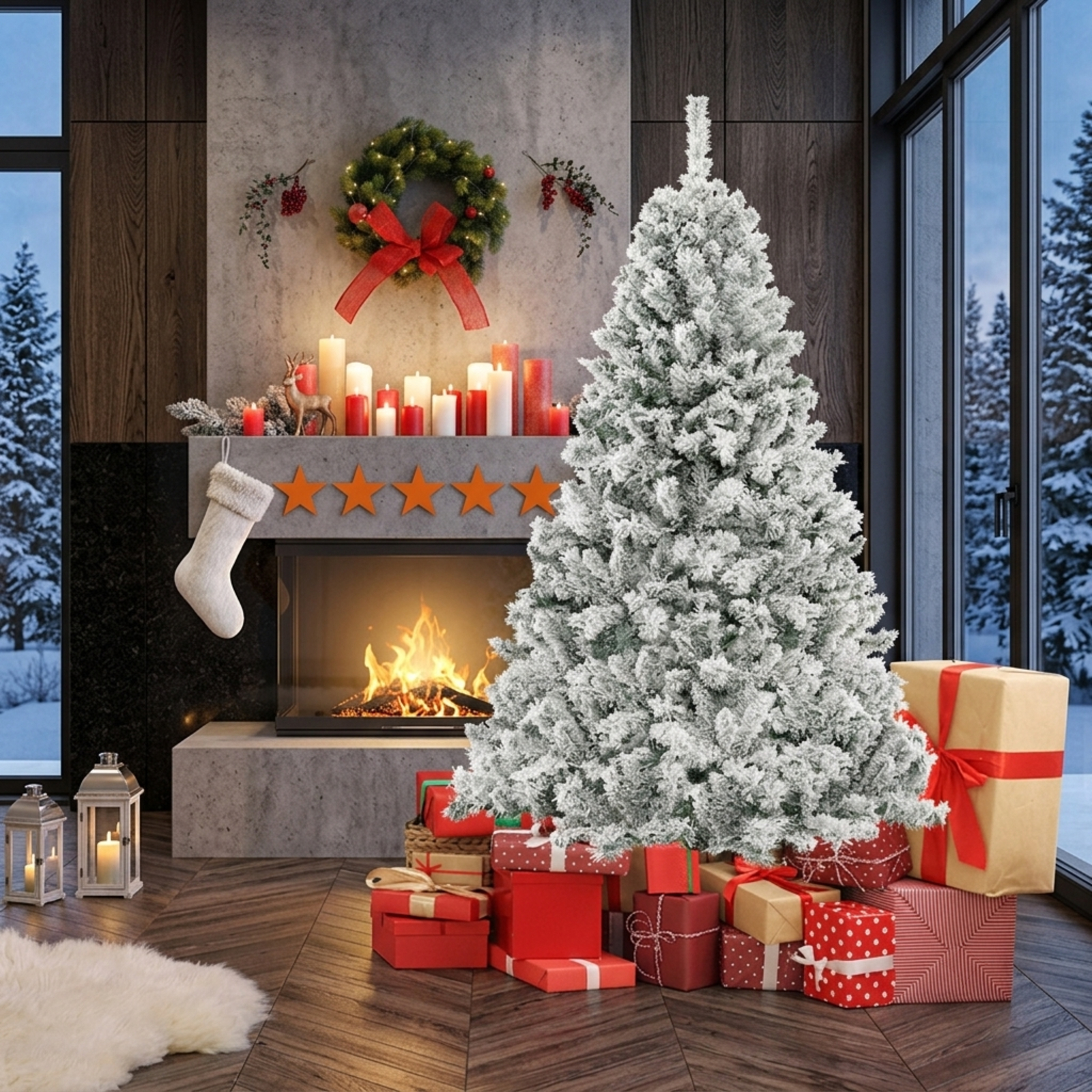 RUIE 6 ft Flocked Artificial Christmas Tree, Pre-Lit Green White Xmas Tree with 300 LED Lights, 644 Branch Tips, 3-Minute Shape