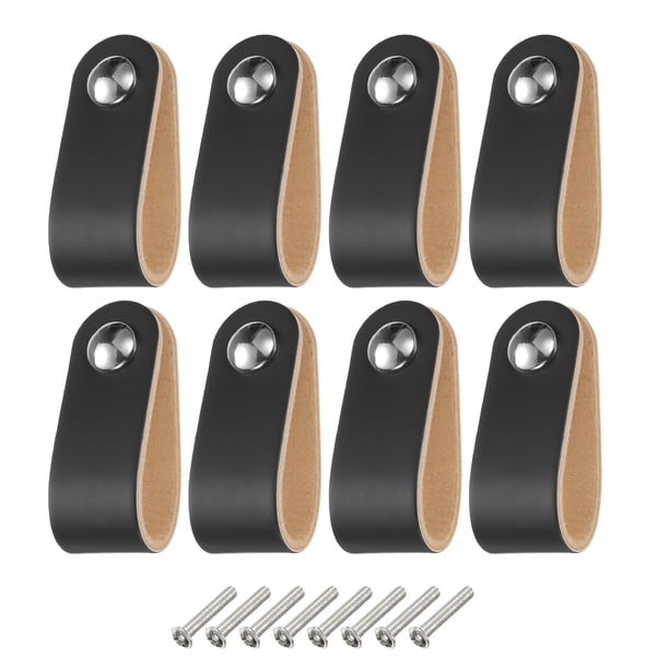 Uxcell 8 Packs Tiradores de Cajón de Cuero con Tornillos para Cajones, Negro/Plata
