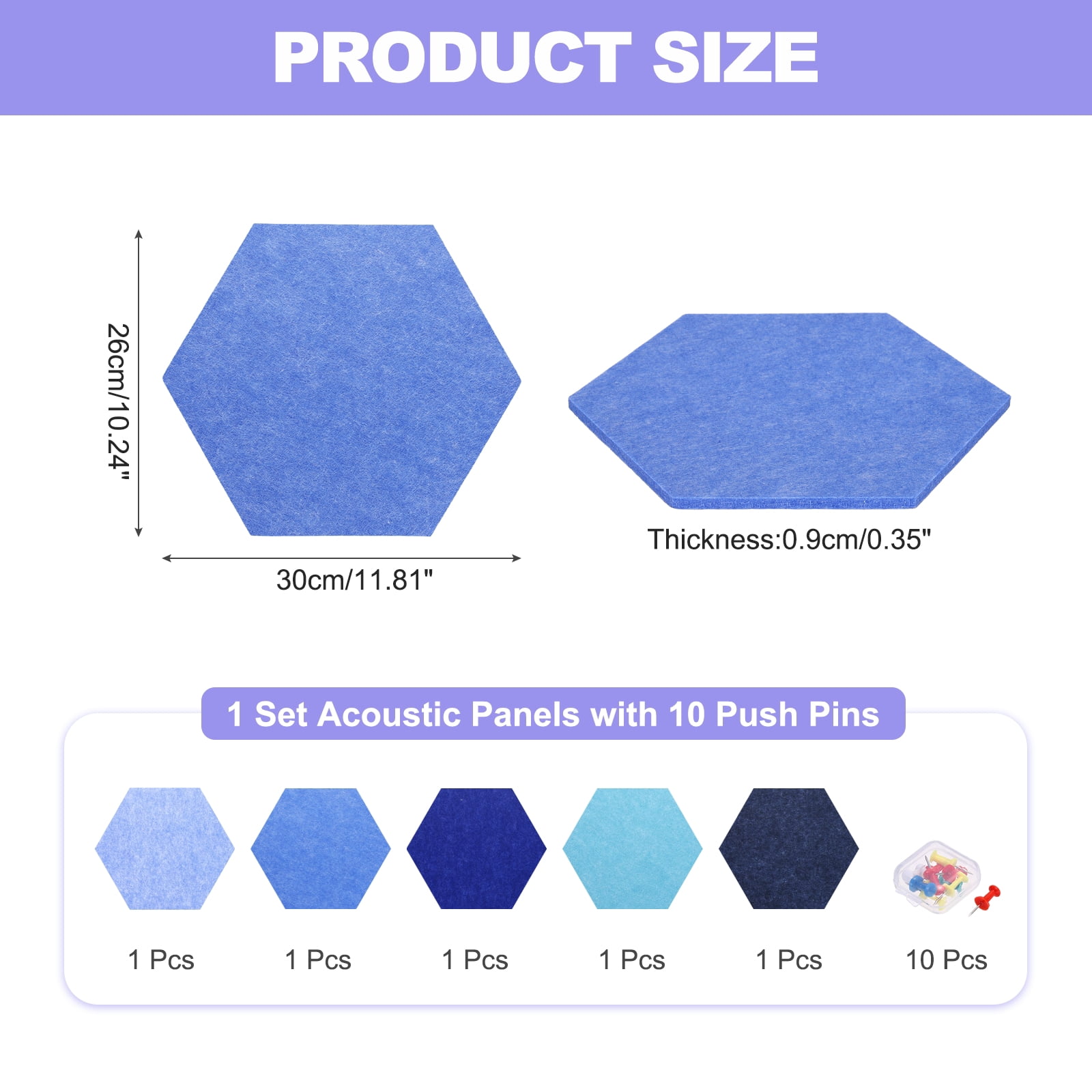Uxcell 5 Pcs B1 Hexagon Acoustic Panels with Push Pins 11.81'' x 10.24'' Dark Blue Sky Blue Blue Light Blue Deep Blue