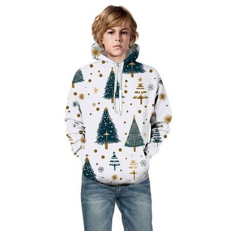 

Xboschi Kids Clothing Little Boys Girls Kids Hooded Unisex Sweatshirt 3D Christmas Tree Printed Pullover Hoodie For Girls Boys With Pocket