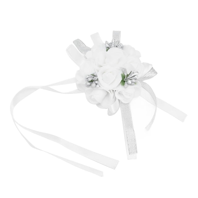 Flor de muñeca de boda blanca con diseño de cinta de perlas, ramillete de muñeca de boda