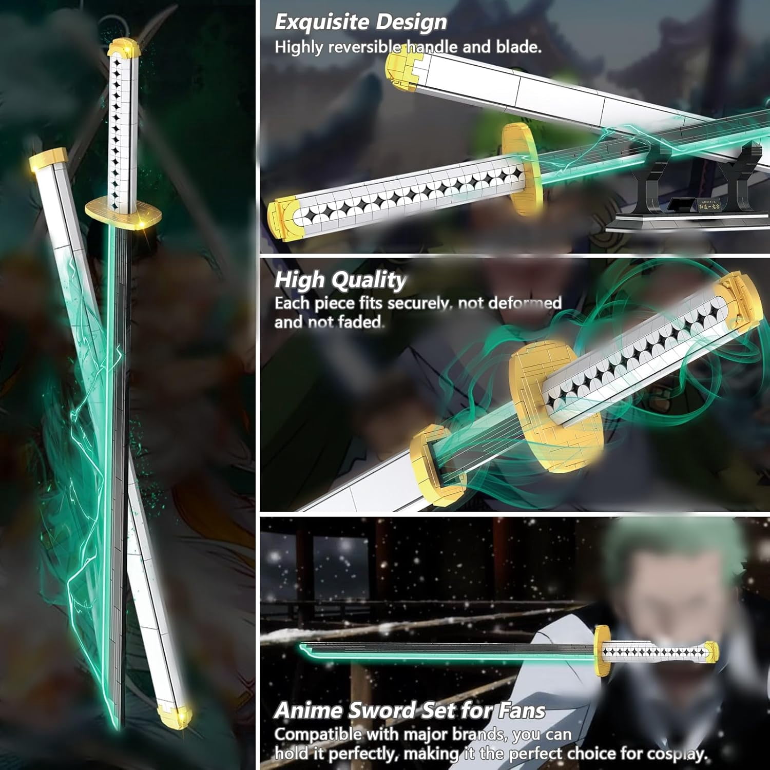 Anime Cosplay Swords Building Set, 806 Piece One White Ichimonji Yamato Sword, 39IN Roronoa Zoro Katana with Scabbard and Bracket for Adults (Luminous)