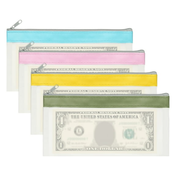 8.5x4 Inch Money Bags with Zipper, 4Pcs Clear Cash Deposit Bank Pouch Envelopes Check Wallet for Coin Cosmetics Invioce Bill, Blue/Pink/Yellow/Green