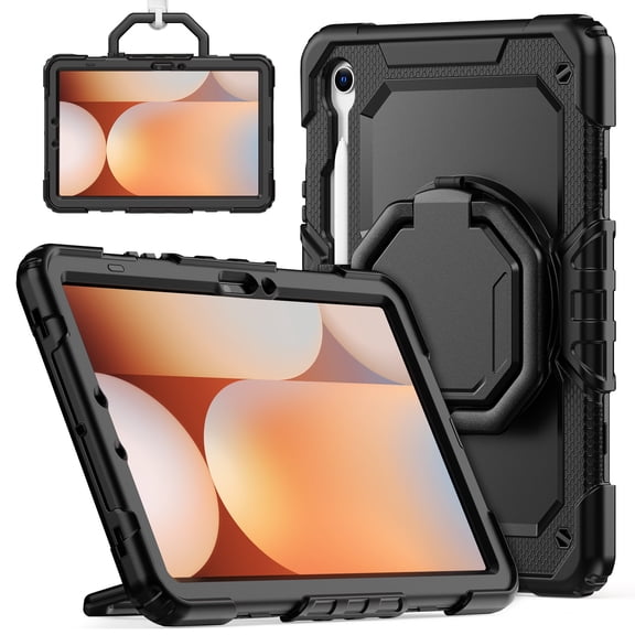 for Samsung Galaxy Tab S10 Lite/S10 FE/S9 FE/S9 Case 11 inch, 360 Rotating Shockproof Cover with Stand, Handle, Shoulder Strap (SM-X520/X510/X710), Black