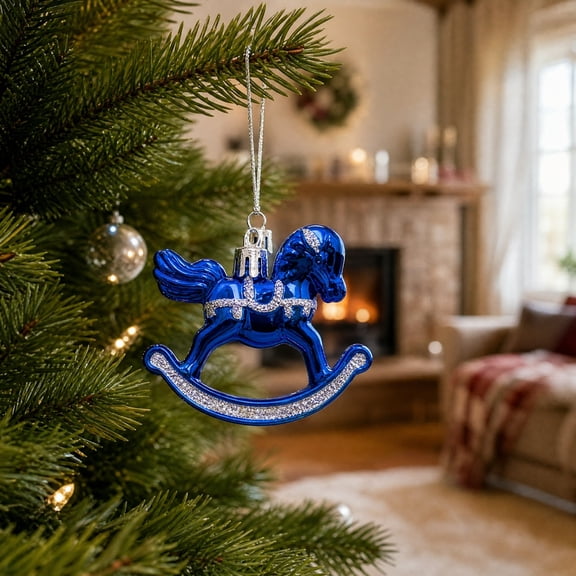 Christmas Rocking Horse Ornaments 3 pack Glitter Baubles 8cm Vintage Mini Hanging Decorations for Xmas Tree Holiday Party Supplies Shatterproof Plastic