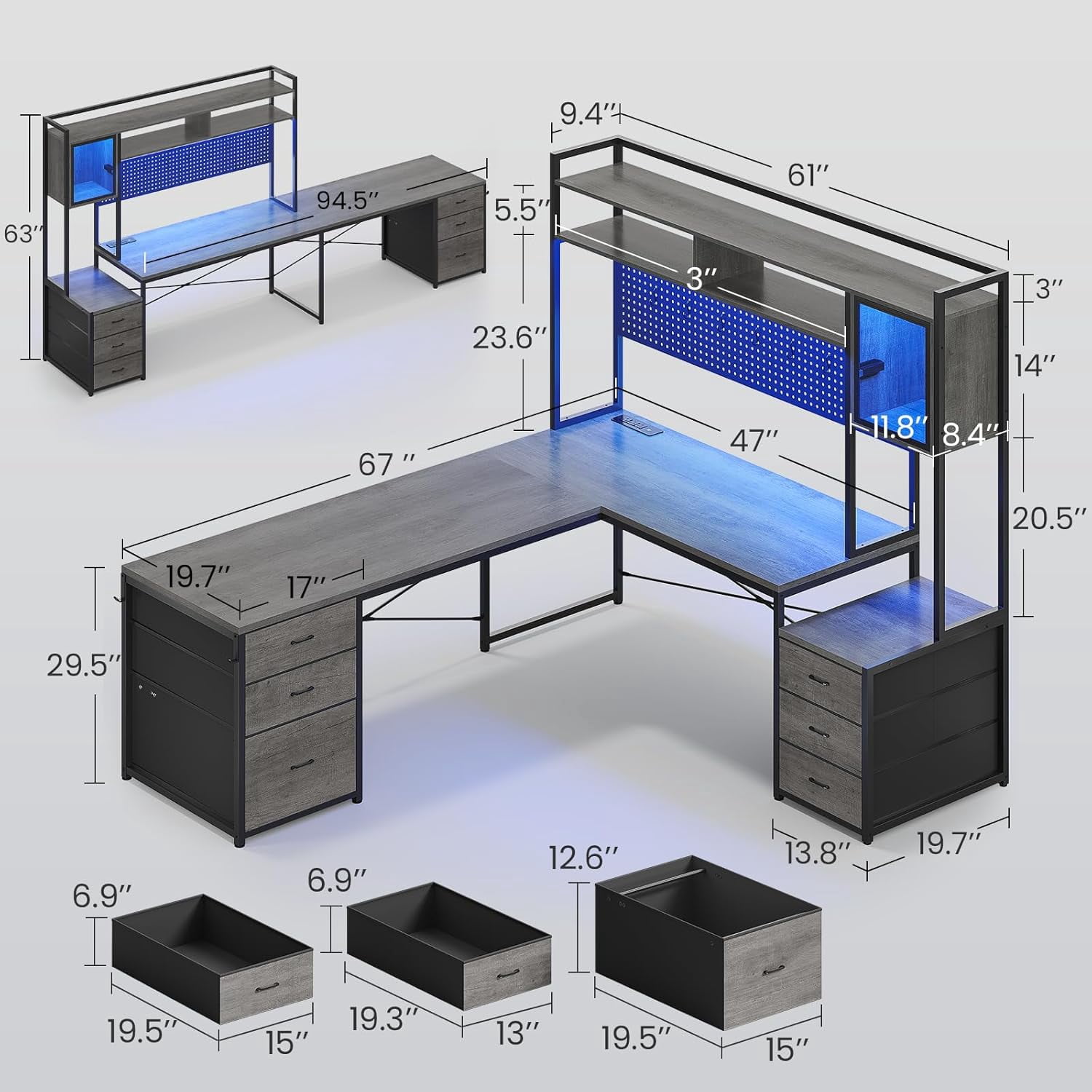 SEDETA L Shaped Gaming Desk with Drawers, Reversible Computer Corner Desk with File Drawer, Hutch, Storage Shelves for Home Office, Gaming Two Person Desk with Led Lights, Power Outlet, Grey