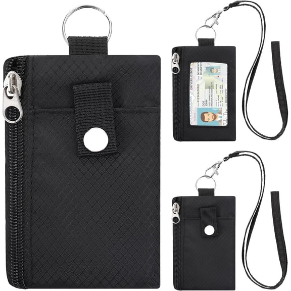 Minimalist RFID Blocking Wallet with 2 Zip Pockets and Lanyard, Water Resistant ID Case with Key Ring and Cards Badge Holder, Purse Pouch for Men and Women Travel -BK