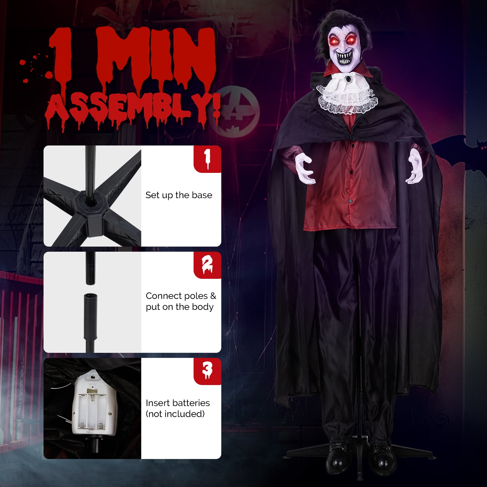 5.7 FT Vampire Outdoor Halloween Standing Decoration with LED Lights Sensor-Activated Laughing Moving Figure Holiday Party Garden Decor