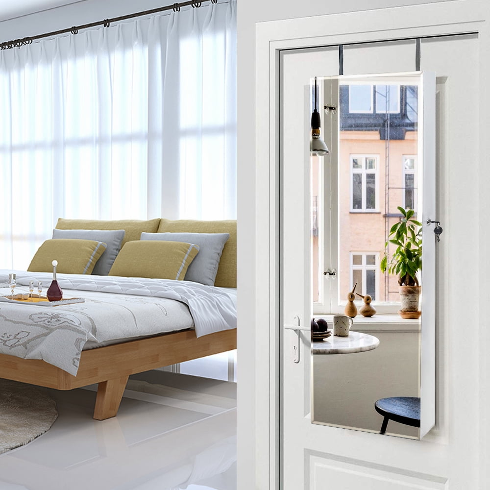 Private Jungle Full Mirror Wooden Wall Mounted 4-Layer Shelf 2 Drawers With Inner Mirror 8 Blue LED Light Jewelry Storage Mirror Cabinet - White
