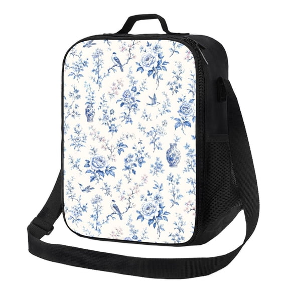 Blue Chinoiserie Floral Bird Lunch Bag Insulated Thermal Lunch Box with Shoulder Strap & Handle for Women and Men