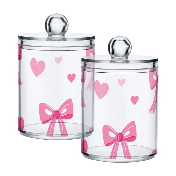 Cute Pink Bows with Heart Pattern Valentine Translucent Plastic Cans Storage Canisters with Lid Set of 2