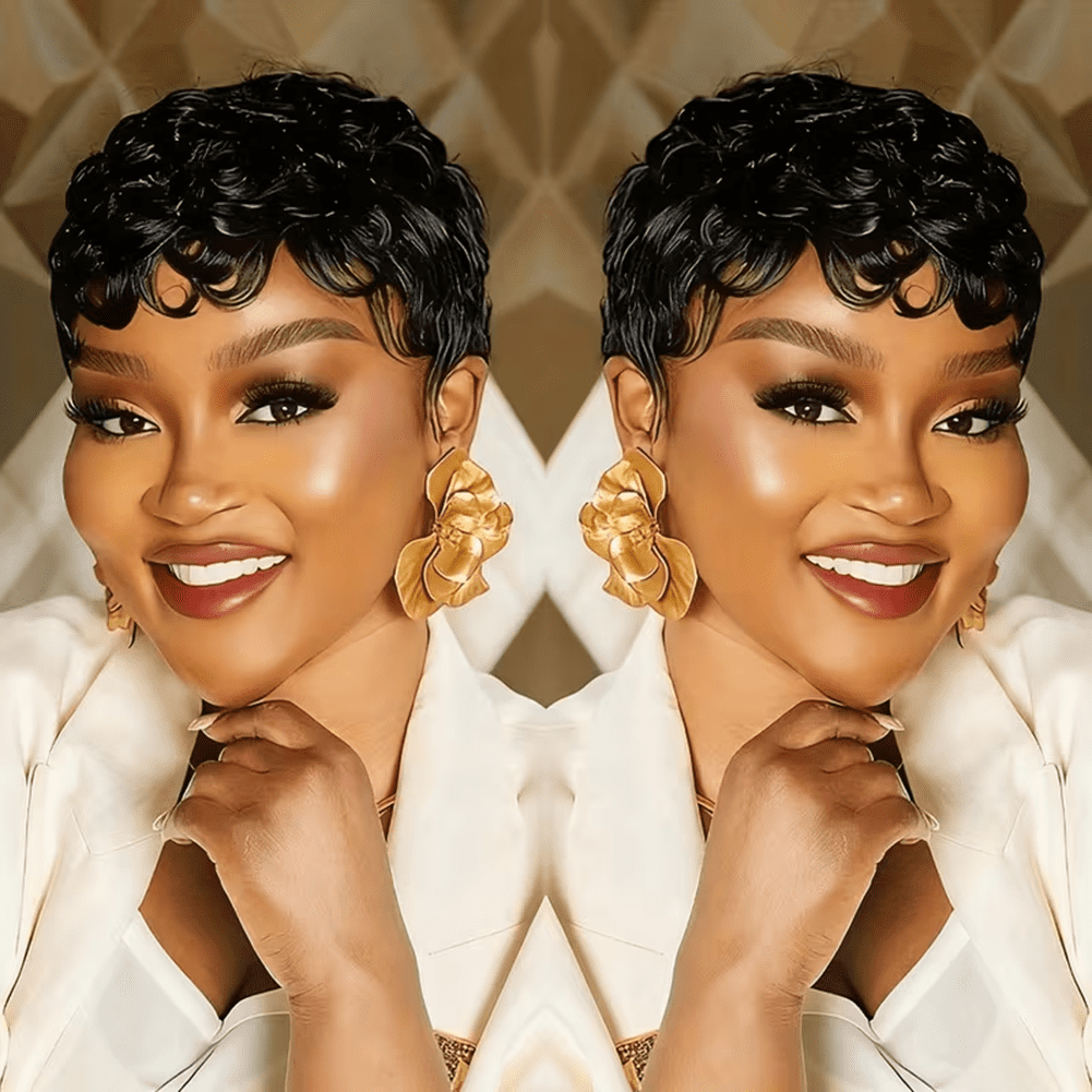 Short Pixie Cut Wig Human Hair Glueless Pixie Cut Wigs Layered Curly Wavy Full Machine Made Wigs With Bangs Natural Black Color for Daily Use