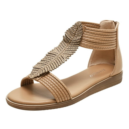 

CLZOUD Womens Sport Sandals Khaki Fashion Spring and Summer Women Sandals Flat Low Heel Open Toe Breathable Comfortable Leaf Shape Rhinestone Bohemian Style 41