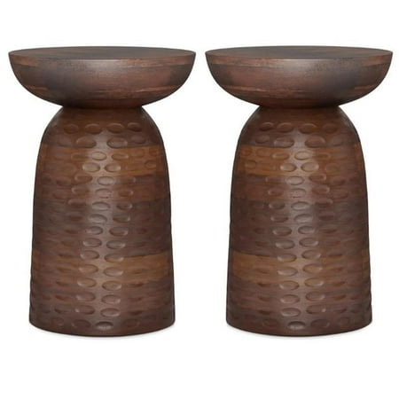 Home Square 2-Piece 13 Round Solid Wood Accent Table Set in Warm Dark Brown