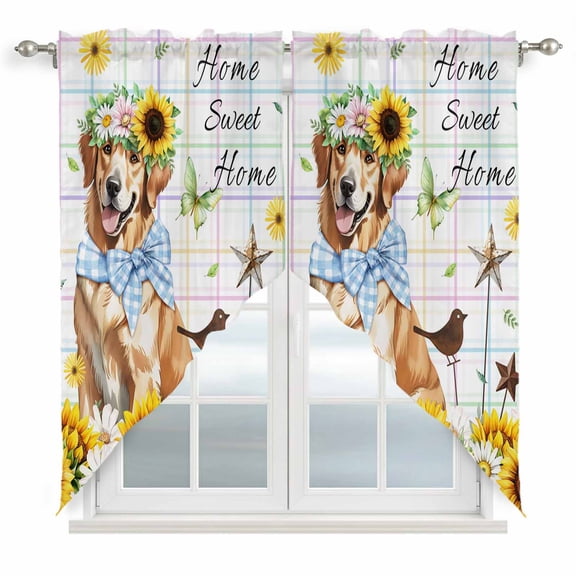 Sunflowers Dog Swag Valances for Windows, Kitchen Curtains 36 Inch Length 2 Panels Set, Spring Watercolor Floral Stars Colorful Plaid Short Curtains for Small Windows Rod Pocket Cafe Curtains 28"x36"