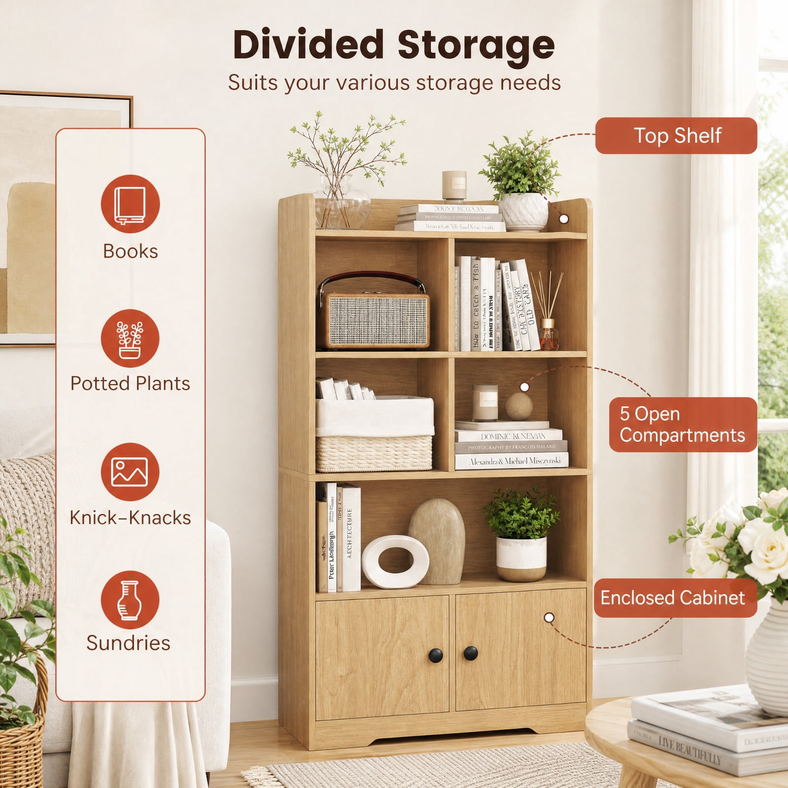 Furnibear 4 Tiers Bookshelf with 4 Cubes Display Shelf and 2 Doors for Living Room Home Office Bedroom Display Storage Shelf, Natural