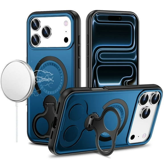 For iPhone 17 Pro Max Car Mount with 2-Ring Stand Hybrid Case - Blue