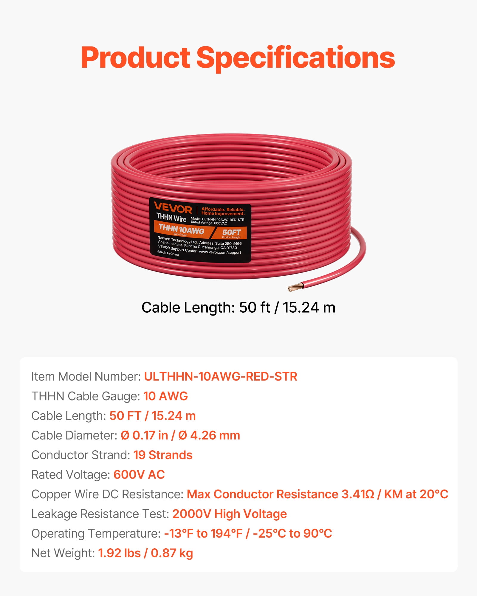 VEVOR 10 AWG THHN Wire, 19-Stranded, 100% OFC Copper Electrical Building Wire with Nylon Jacket, Rated for Up to 600 Volts, for Indoor & Outdoor Use, Commercial, Industrial, Residential, Red