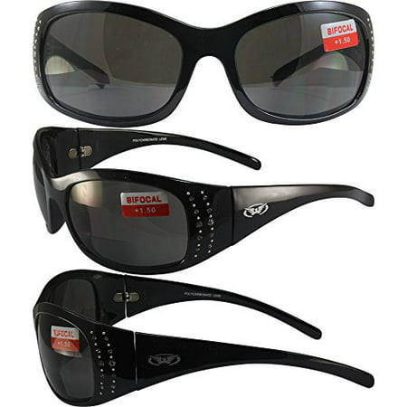 Global Vision Marilyn 2 Bifocal Sunglasses Rhinestone Decorated Gloss Black Frames 1.5x Magnification Smoke Lenses