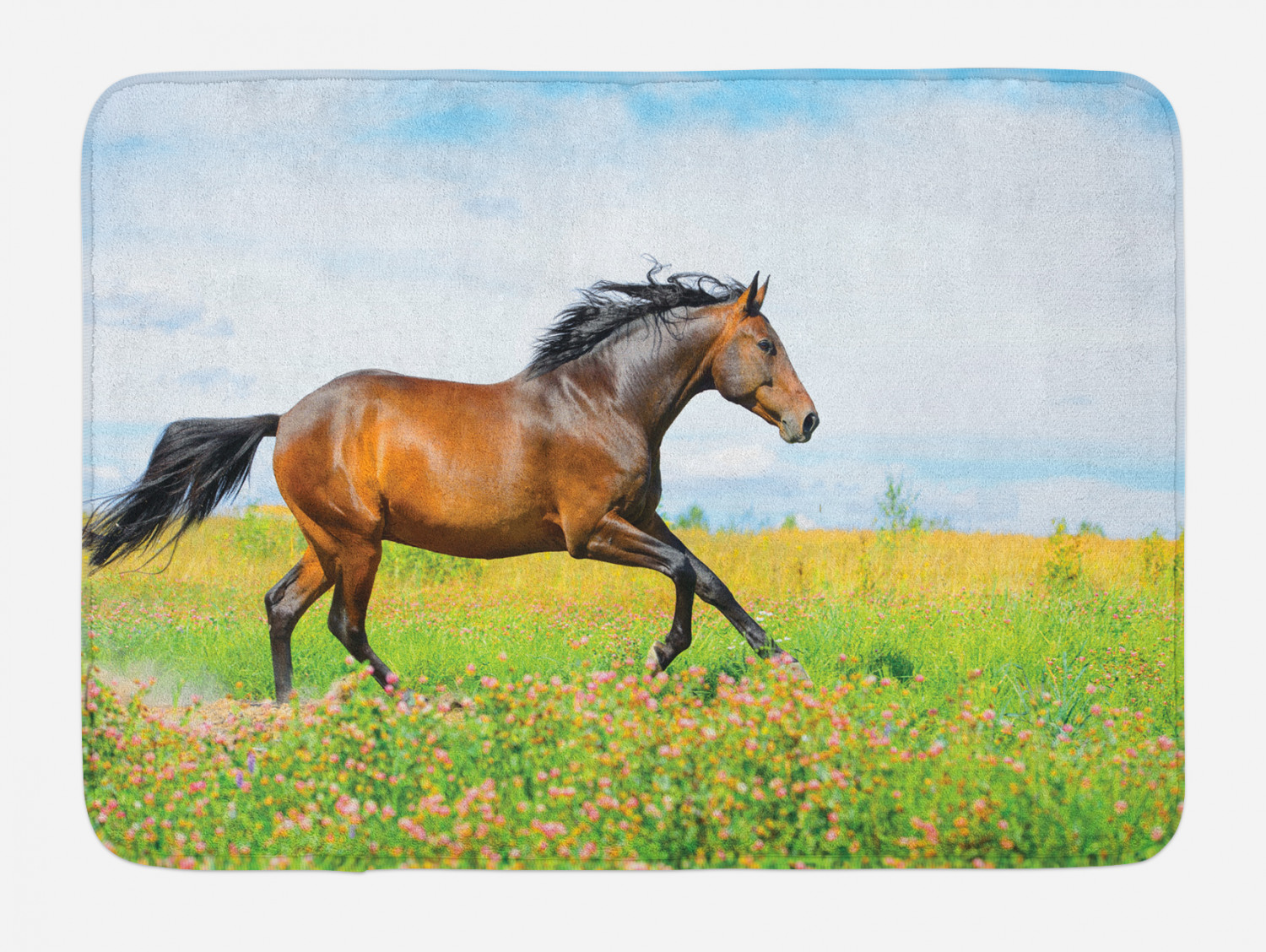 Equestrian Bath Mat, Horse Runs Gallop on Flower Meadow Rural Freedom