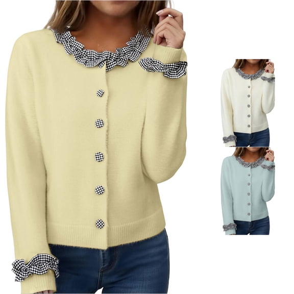 HCYSFG Womens Gingham Cardigan Sweater Ruffle Collar Button Front Long Sleeve Slim Fit Knit Preppy Everyday Layering Tops