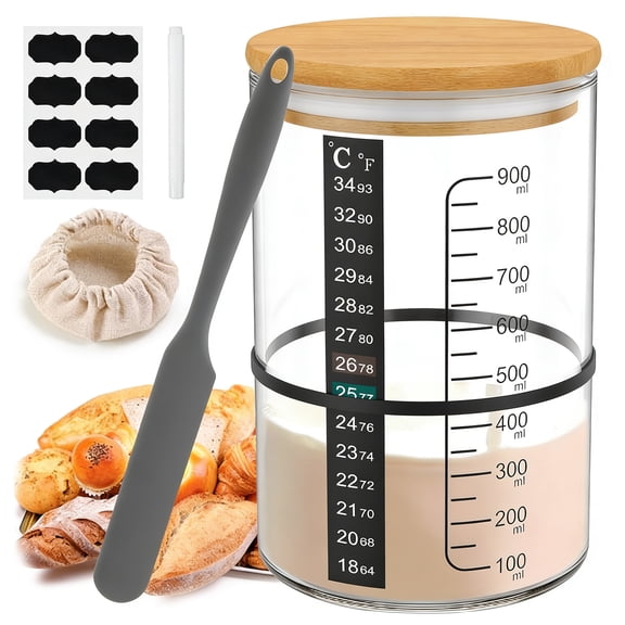 LAPTOM MAX  7 Pcs Sourdough Starter Jar Kit 900ml, Container Clear Glass Cup Wide Mouth with Wooden Lid, Thermometer Cloth Cover Lable Pen for Bread Baking