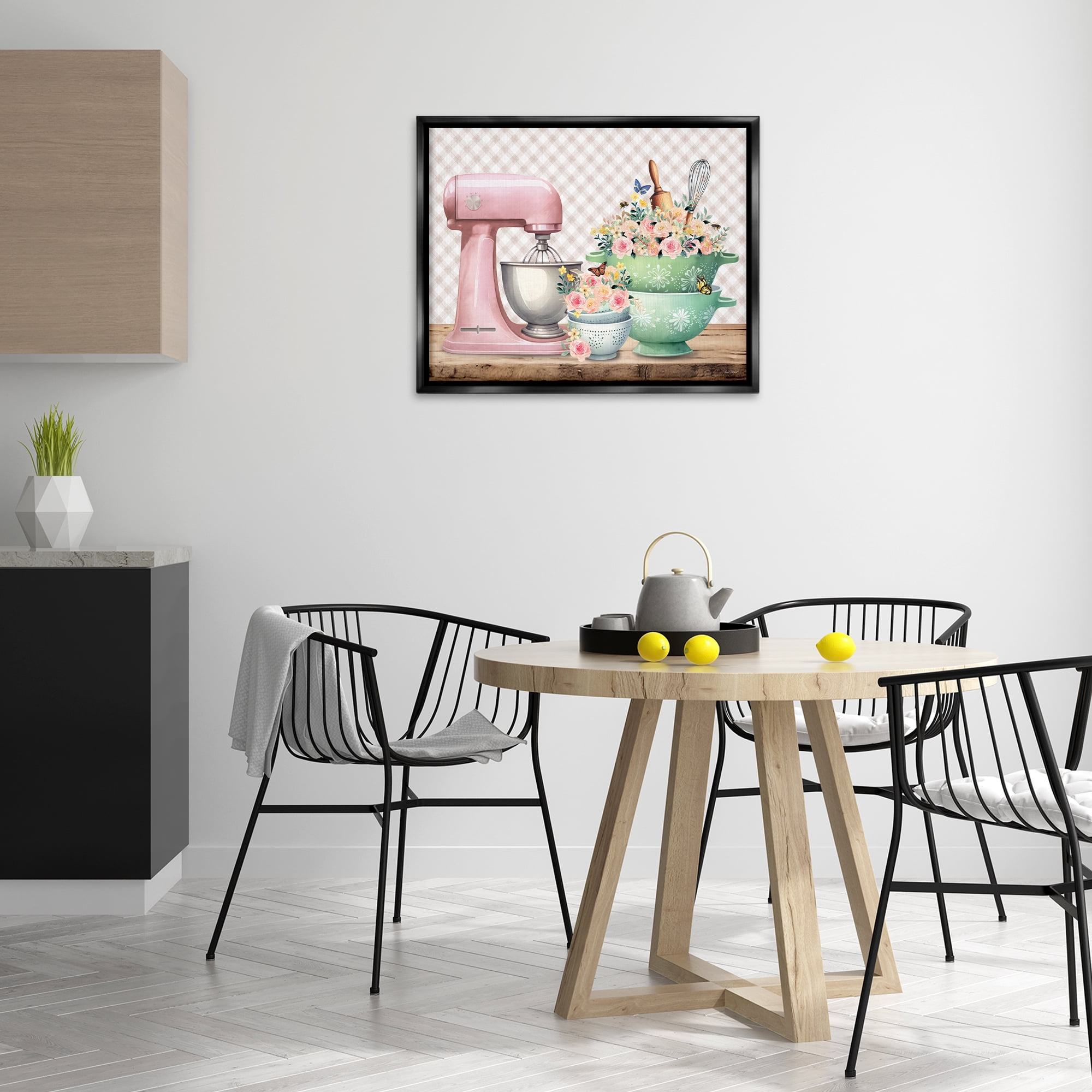 Stupell Industries Floral Gingham Kitchen Food & Beverage Painting Black Floater Framed Canvas Art Print Wall Art, 31 x 25