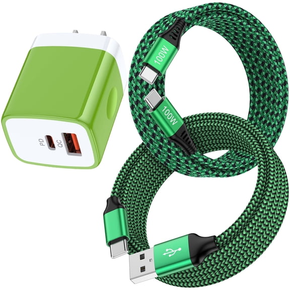 PD & QC Dual Port Type C Charger Block Fast Wall Charger with 2Pcs 6FT Braided Cable, Power Adapter Compatible with iPhone 17/16/15 Pro Max iPad Pro Galaxy S26 Android, Green