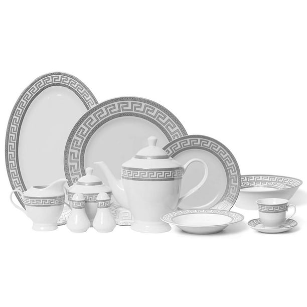 Royalty Porcelain Vintage Platinum 57pc Dinnerware Set 'Greek Key
