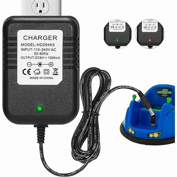 6 Volt Charger for Flybar/Kidzone Bumper Car，Replacement Chargers for Kids Ride On Car Toys，6V Battery Charger for Ride on with Charging Indicator Light,Input: AC110-240V,Output: 6V 1A