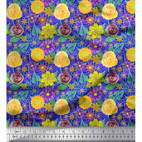 Soimoi Silk Fabric Leaves & Floral Artistic Print Fabric by Yard 42 Inch Wide