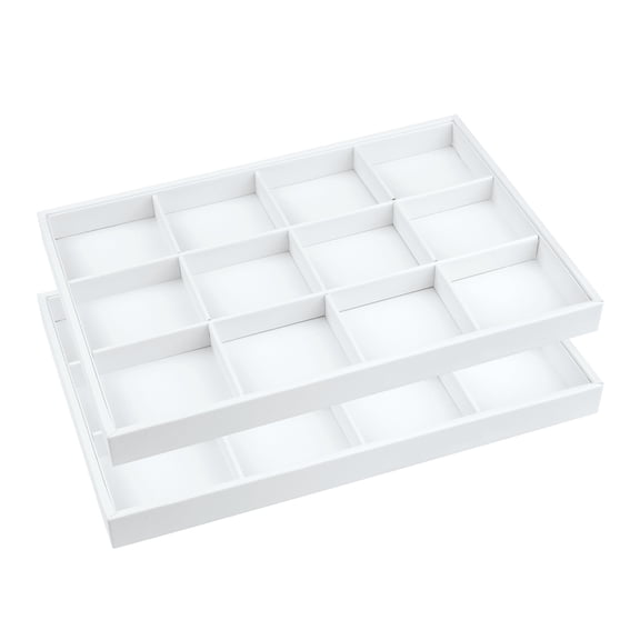 REGALWOVEN 2 Pack Stackable PU Leather Accessory Organizer Trays with Removable Dividers for Drawers White 12 Grid Tray