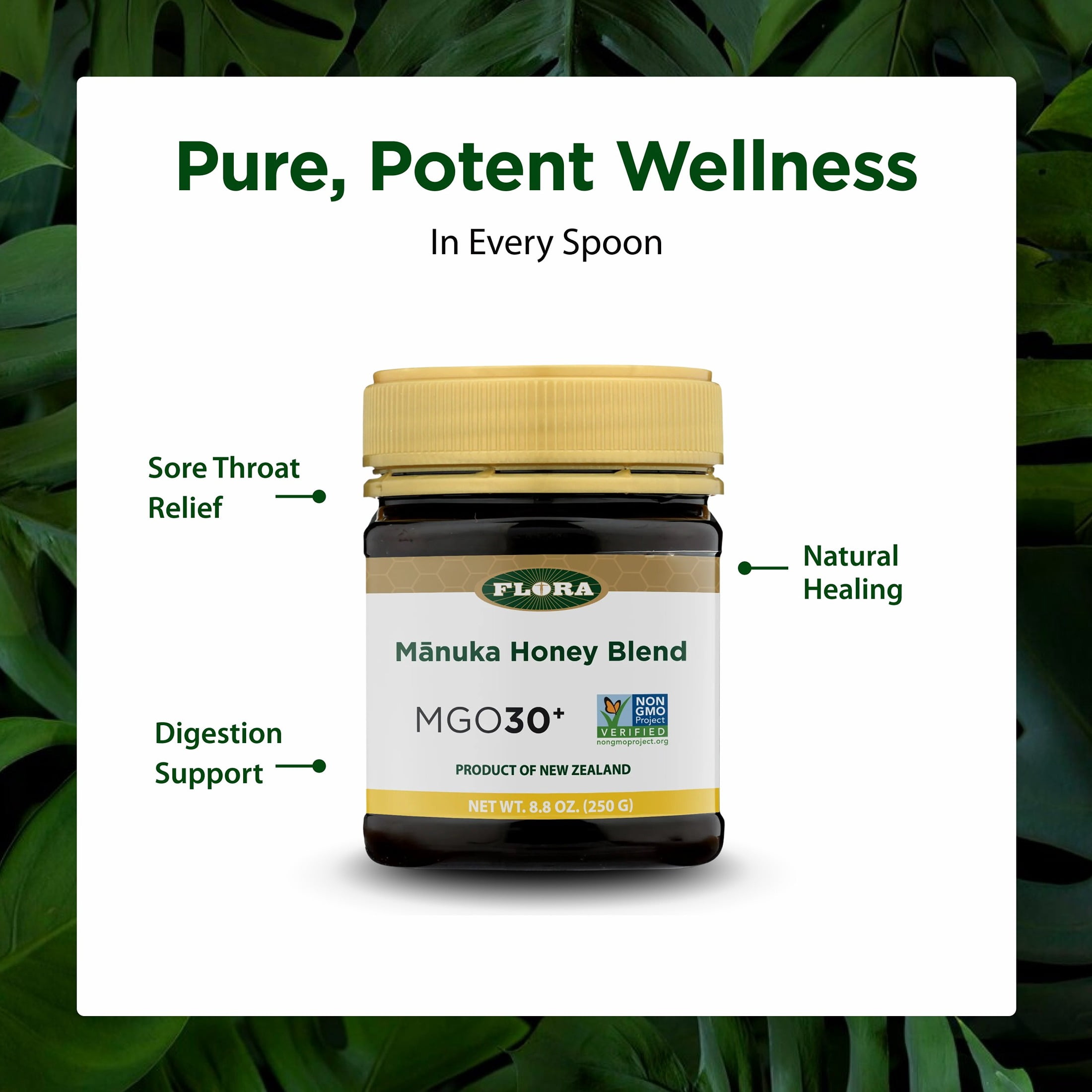 Flora - Mānuka Honey Blend MGO 30+, New Zealand Honey, 100% Traceable MGO,Natural Healing, Sore Throat Relief, Aids Digestion, 8.8-oz. Jar