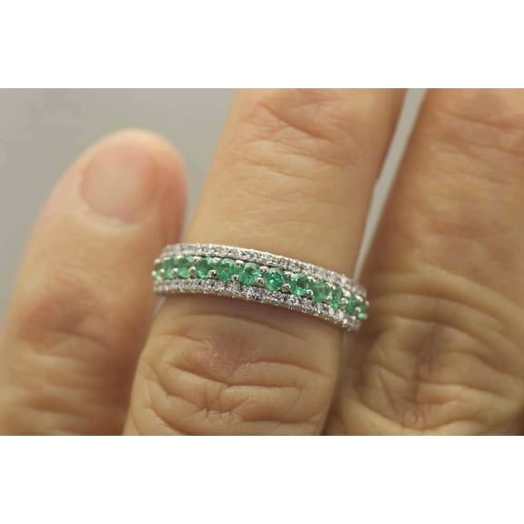 3Ct Round Cut Lab-Created Green Emerald Three Row Half Eternity Band 14k White Gold Plated Silver