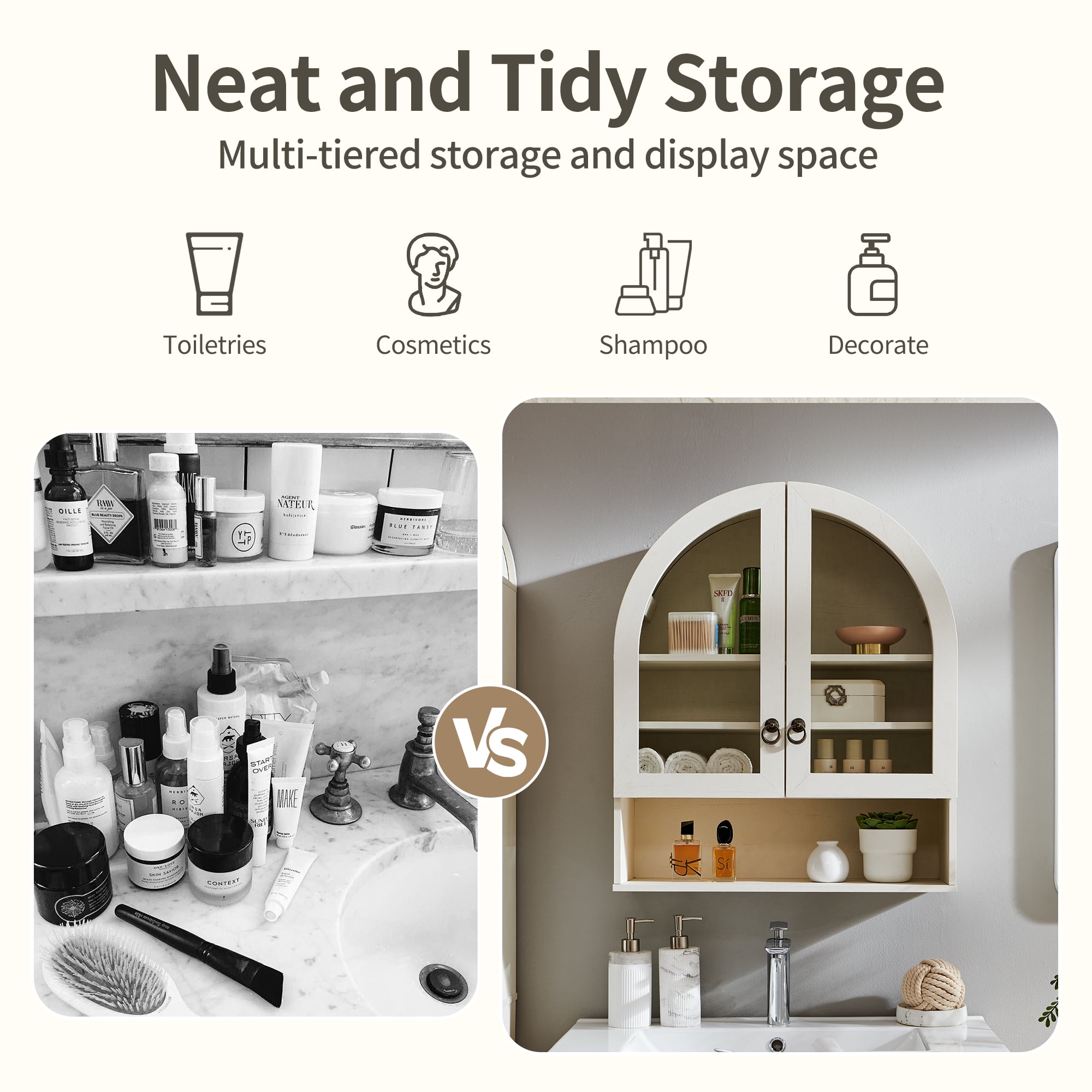 SinCiDo Arched Wall Cabinet Set of 2 with Adjustable Shelves & Glass Doors, White