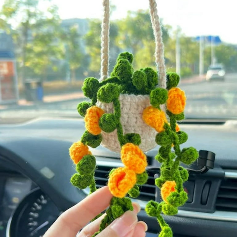 LICHENGTAI Cute Car Crochet Hanging Plant Knitted Plant Car Mirror Hanger  Car Interior Rear View Mirror Hanging Accessories Decoration Ornament Type 9